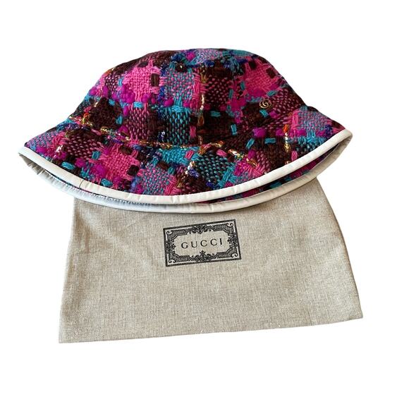 GUCCI GG Elevation Tweed Spicy Check Bucket Hat Cap 728469 Size Medium NEW - Picture 9 of 16